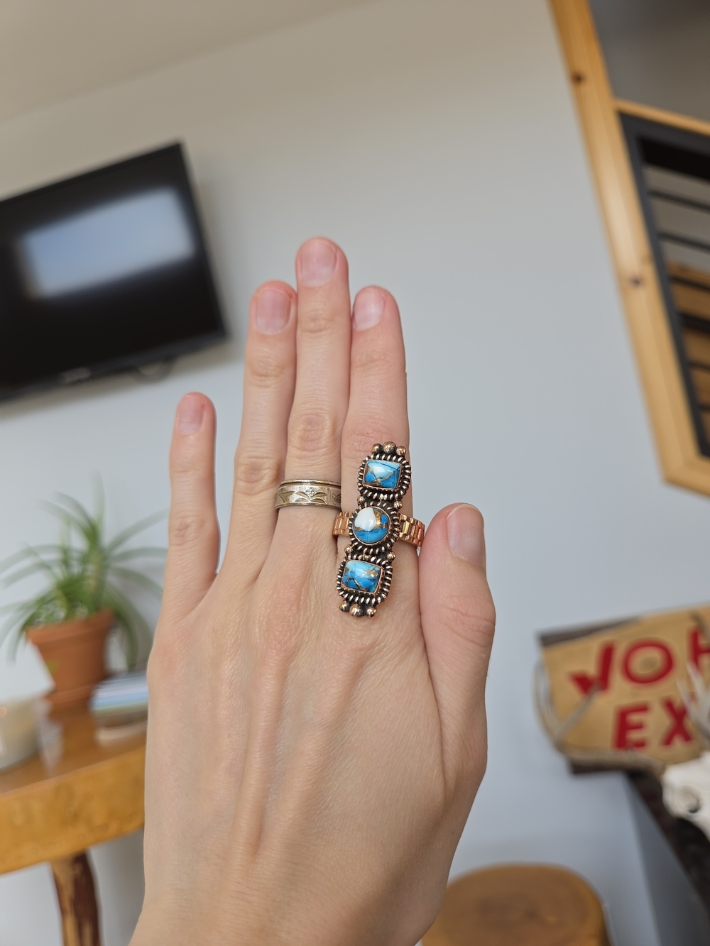 Triple Blue Dahlia Turquoise Copper Ring 57